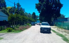 patrulleros en la calle Los Tilos, frente al domicilio donde ocurrió el asalto